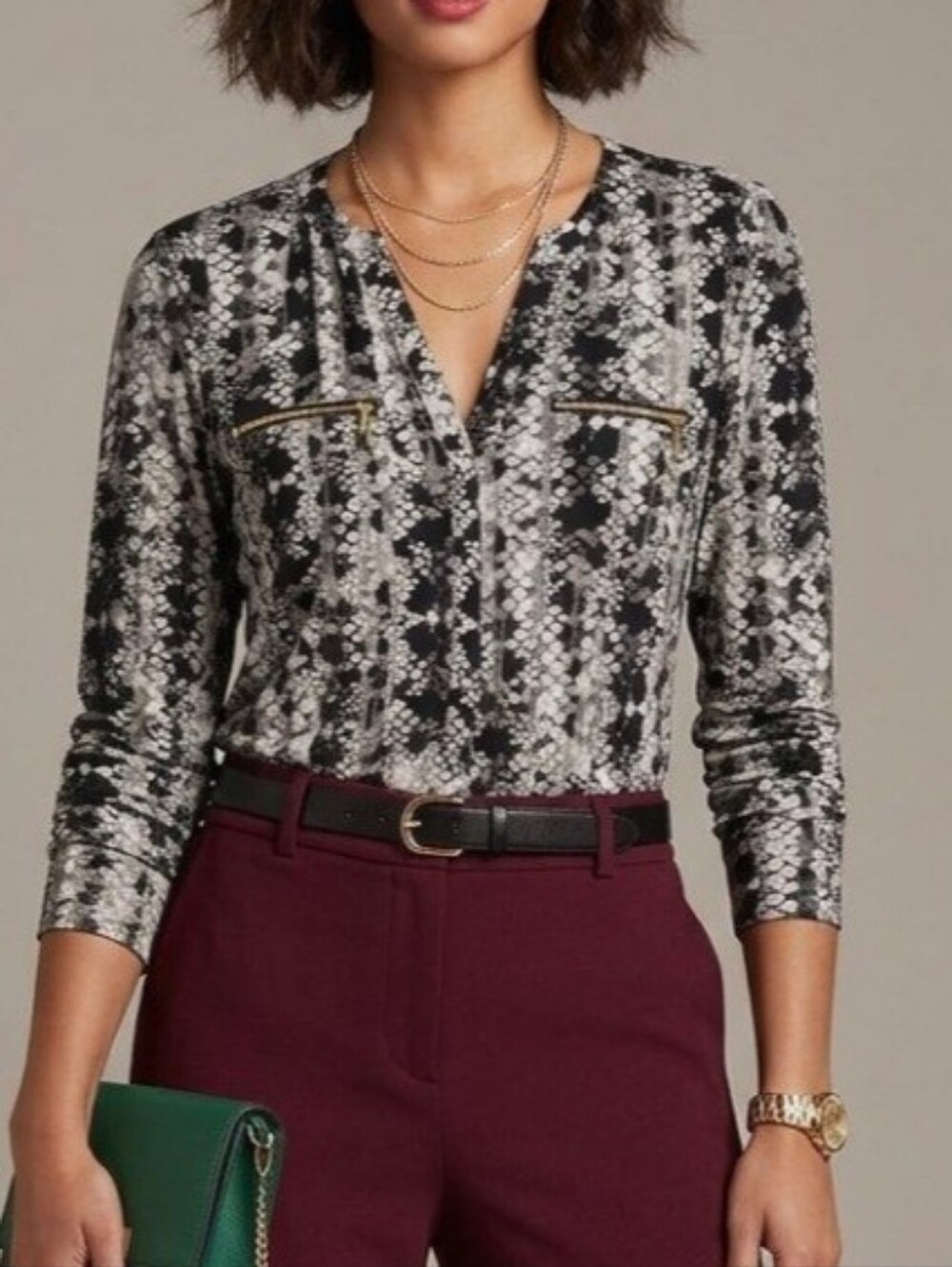 INC International Concepts Black and Cream Snake Print Blouse